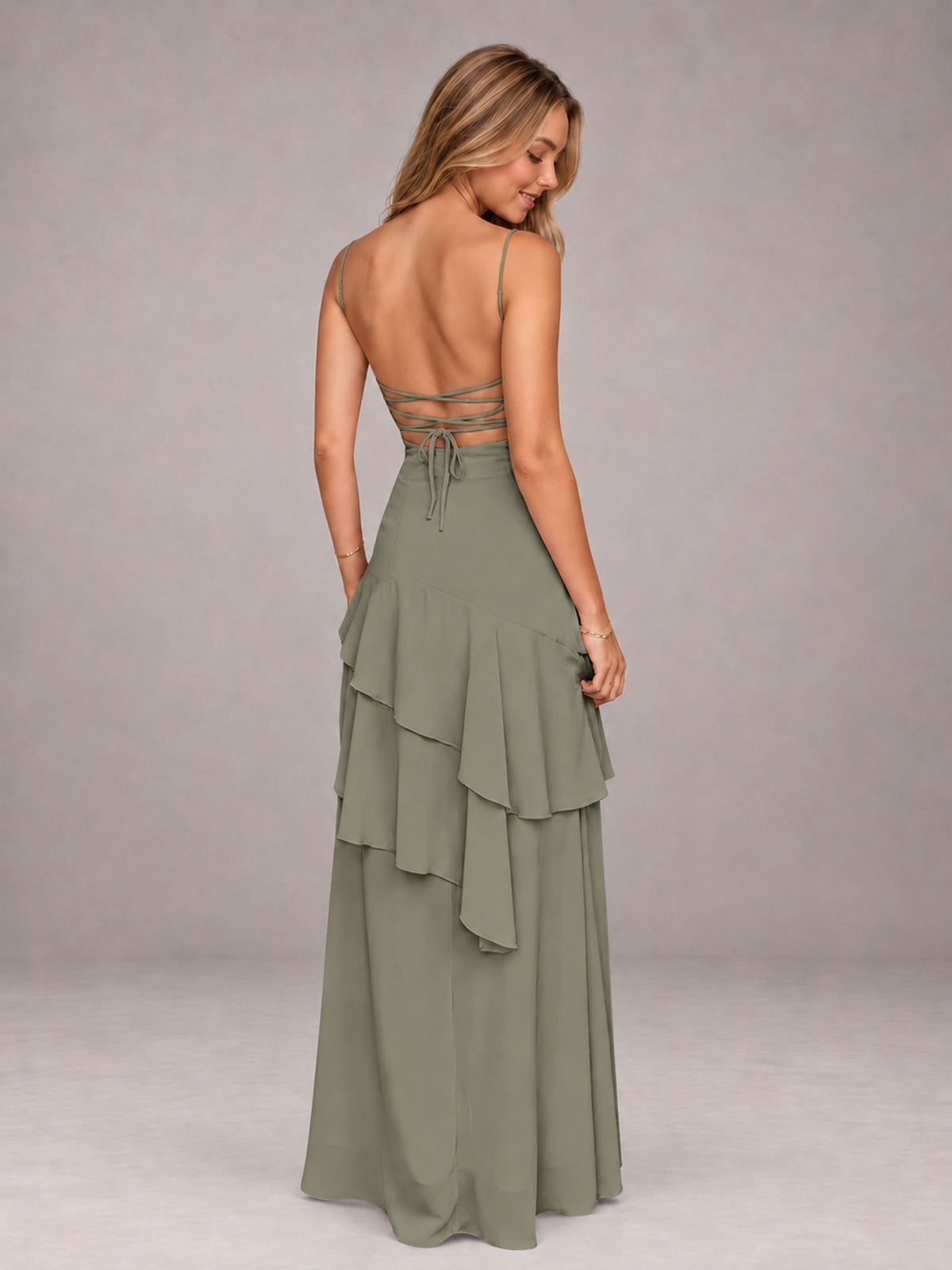 Olive Green A-Line Spaghetti Strap Chiffon Floor Length Bridesmaid Dress