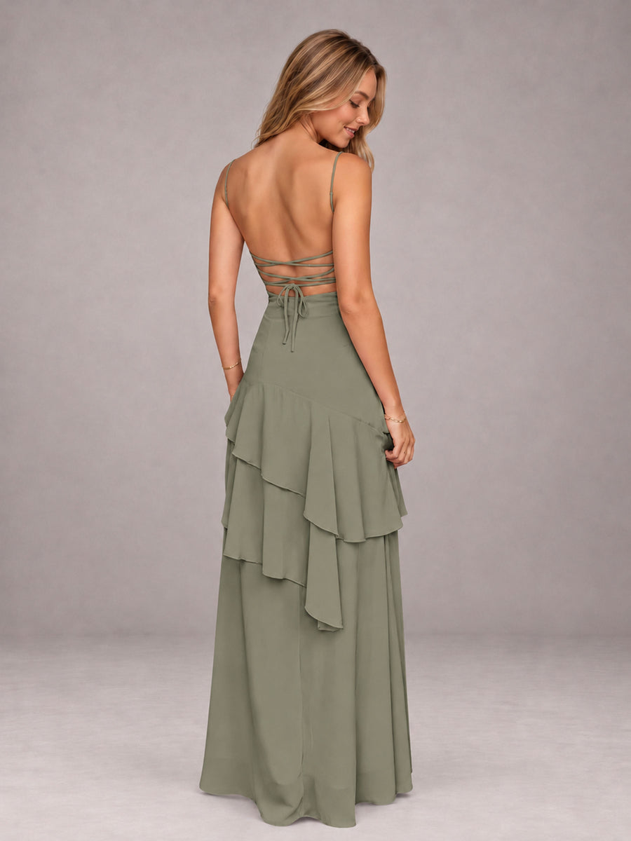 Olive Green A-Line Spaghetti Strap Chiffon Floor Length Bridesmaid Dress