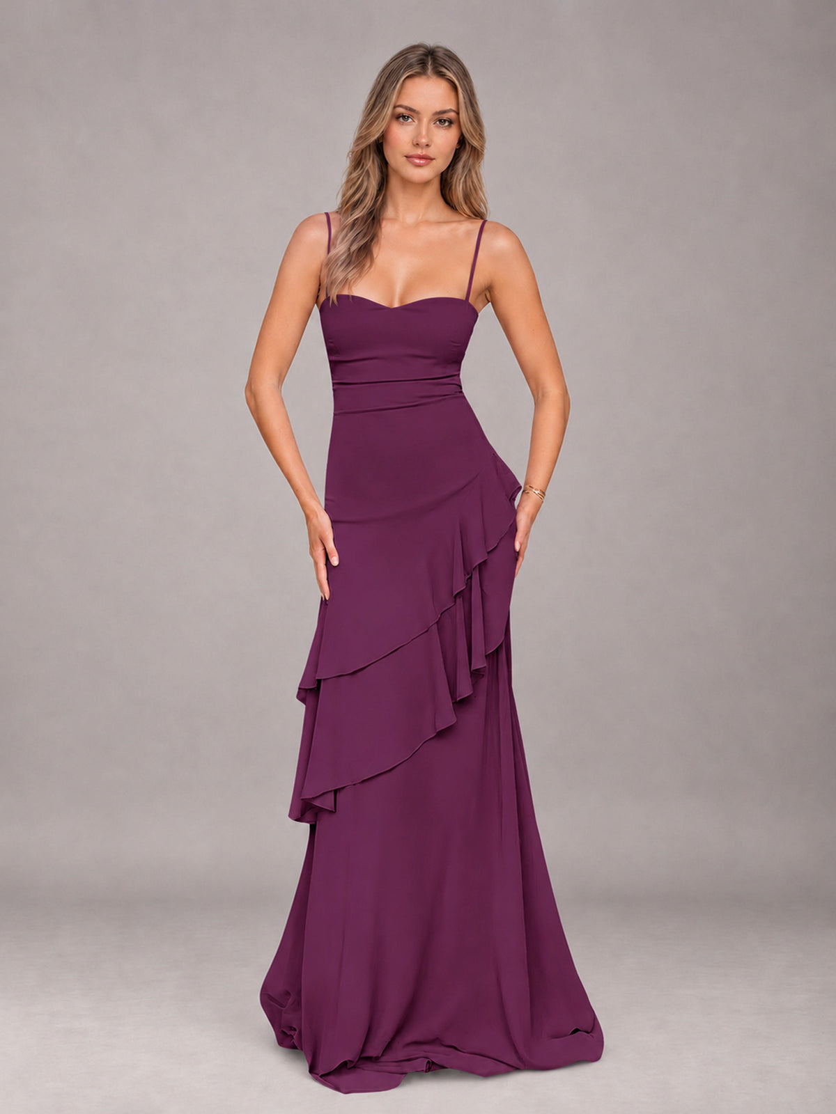 Plum A-Line Spaghetti Strap Chiffon Floor Length Bridesmaid Dress