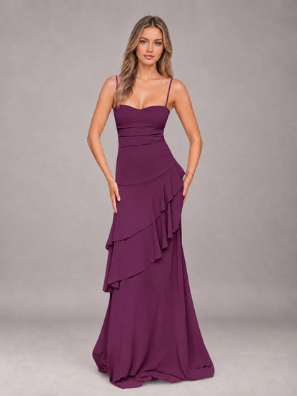 Plum A-Line Spaghetti Strap Chiffon Floor Length Bridesmaid Dress