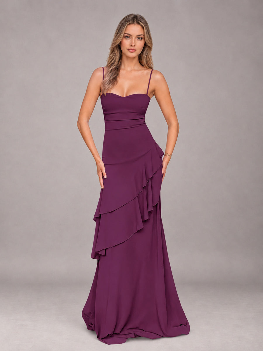 Plum A-Line Spaghetti Strap Chiffon Floor Length Bridesmaid Dress