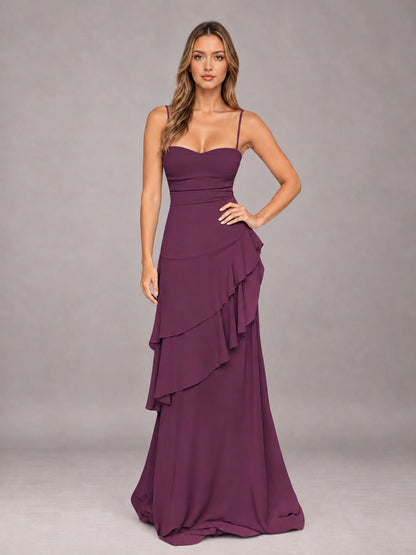 Plum A-Line Spaghetti Strap Chiffon Floor Length Bridesmaid Dress