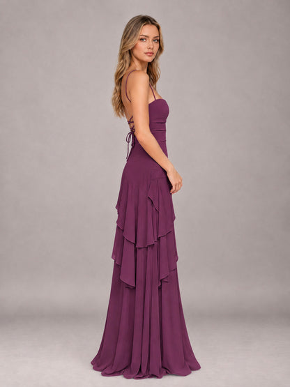 Plum A-Line Spaghetti Strap Chiffon Floor Length Bridesmaid Dress