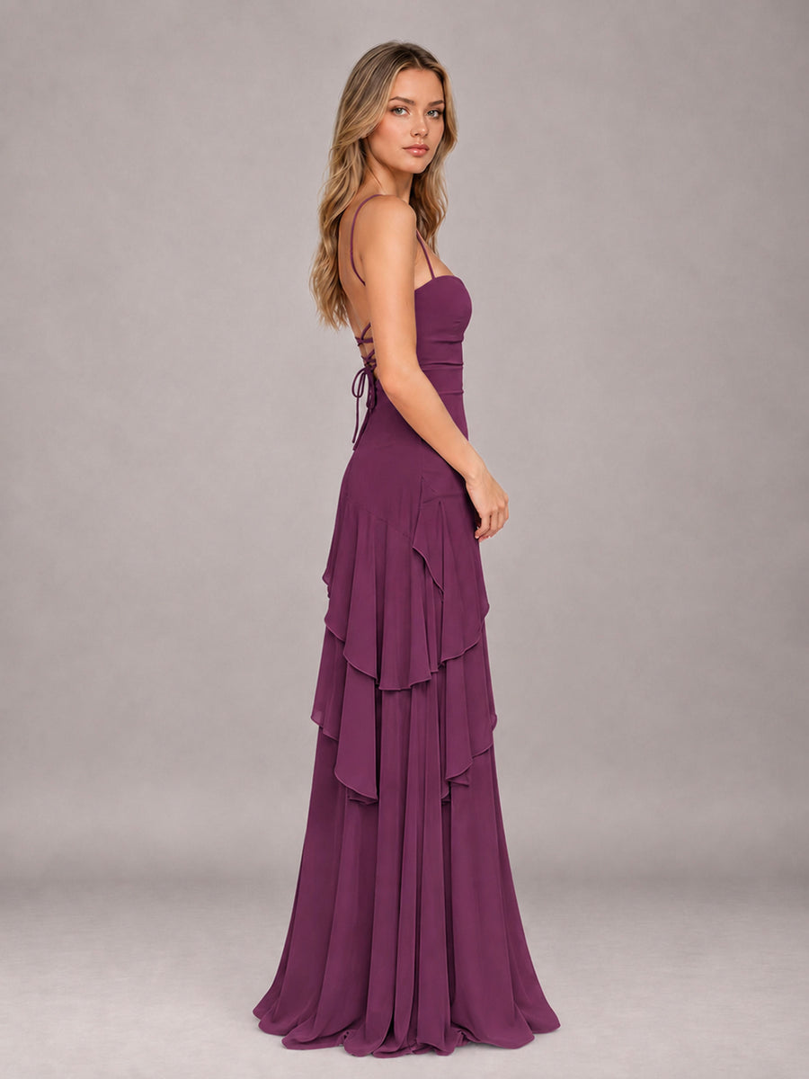 Plum A-Line Spaghetti Strap Chiffon Floor Length Bridesmaid Dress