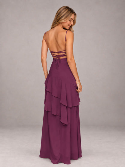Plum A-Line Spaghetti Strap Chiffon Floor Length Bridesmaid Dress