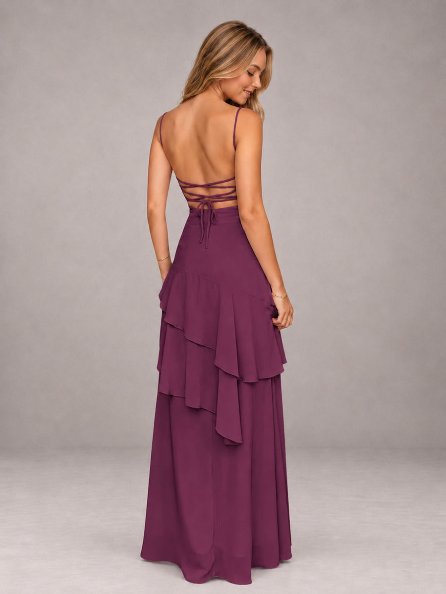 Plum A-Line Spaghetti Strap Chiffon Floor Length Bridesmaid Dress
