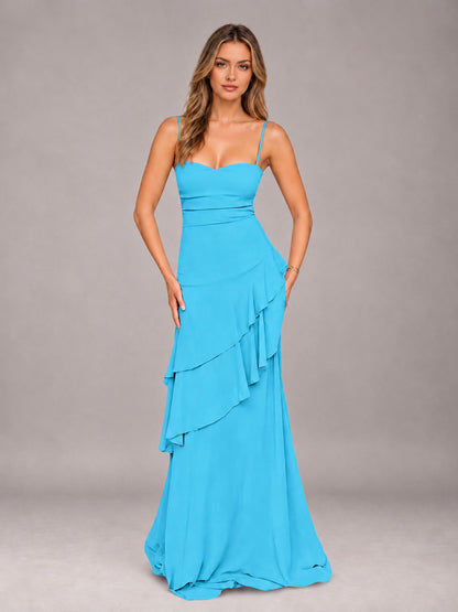 Pool A-Line Spaghetti Strap Chiffon Floor Length Bridesmaid Dress