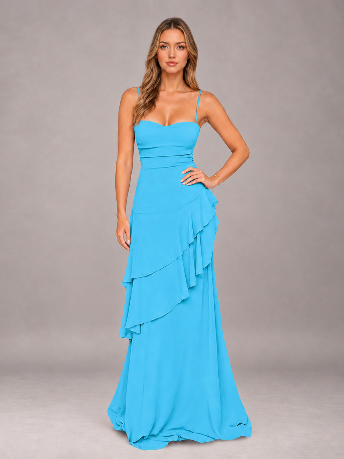 Pool A-Line Spaghetti Strap Chiffon Floor Length Bridesmaid Dress