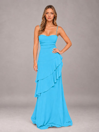 Pool A-Line Spaghetti Strap Chiffon Floor Length Bridesmaid Dress