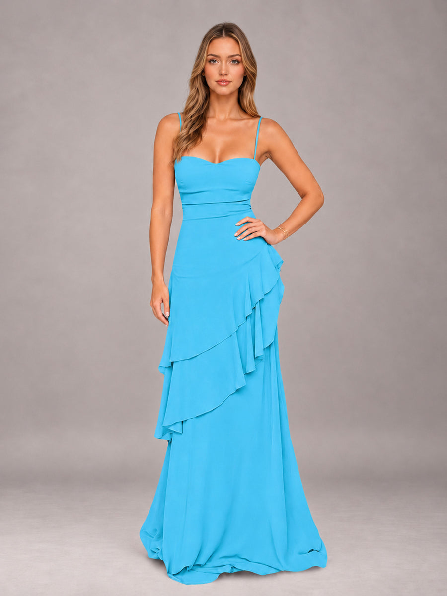 Pool A-Line Spaghetti Strap Chiffon Floor Length Bridesmaid Dress