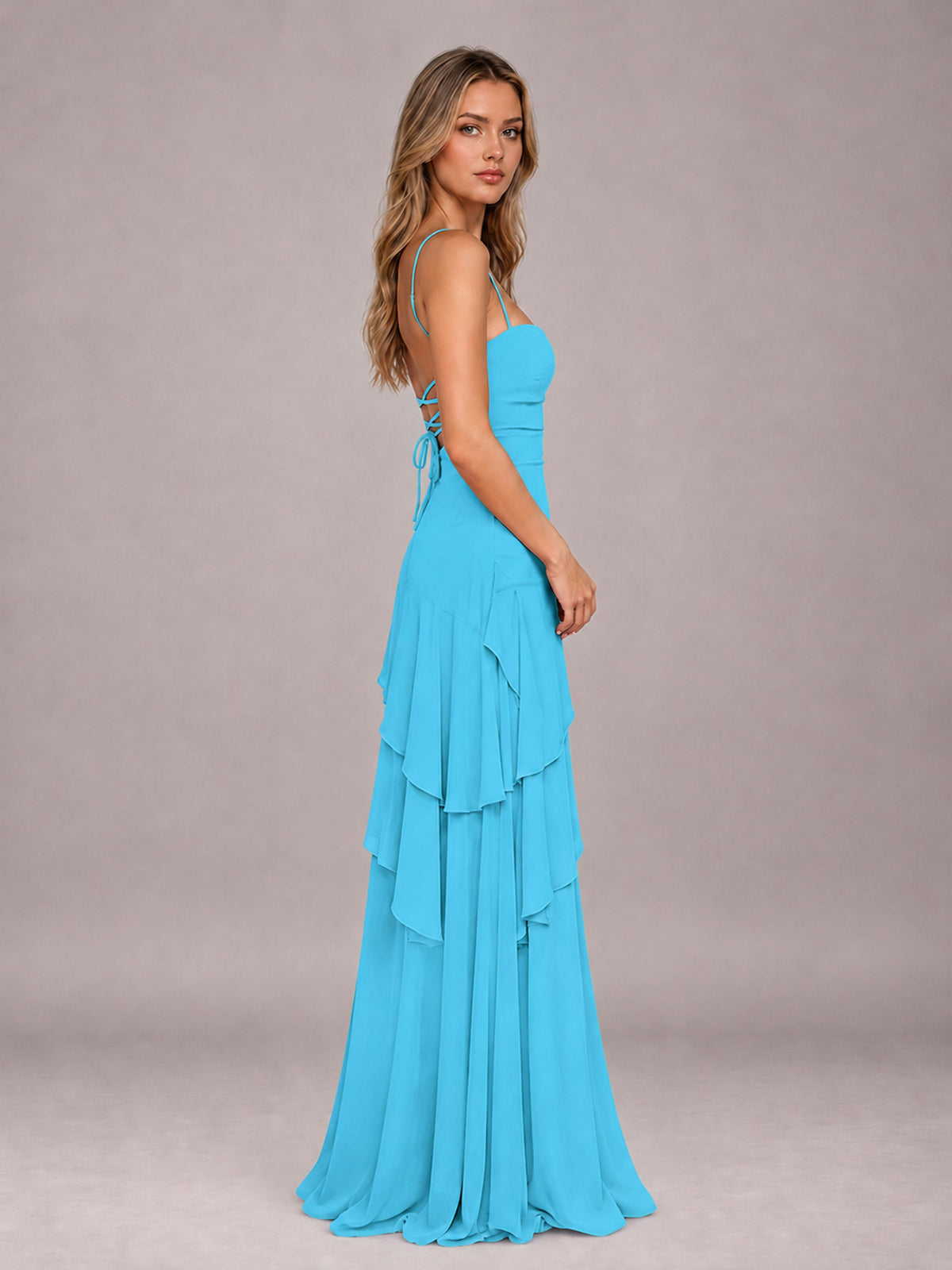 Pool A-Line Spaghetti Strap Chiffon Floor Length Bridesmaid Dress