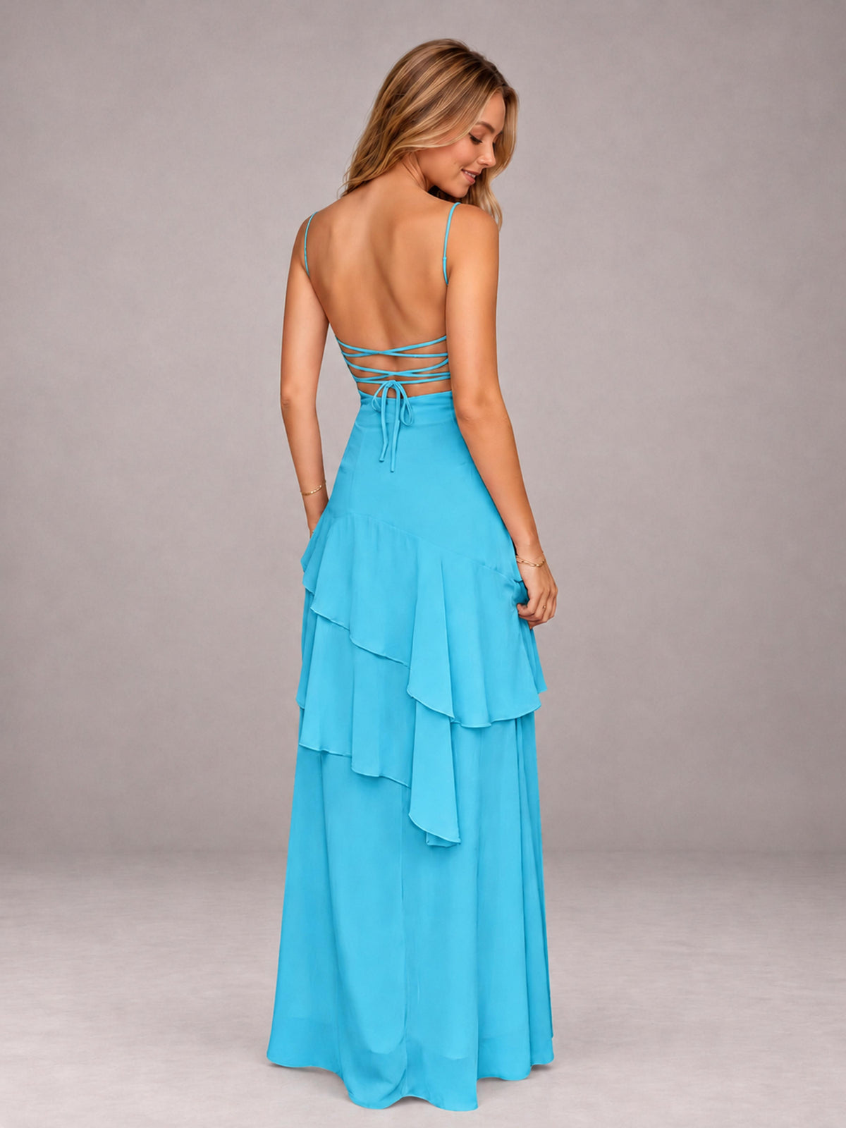 Pool A-Line Spaghetti Strap Chiffon Floor Length Bridesmaid Dress