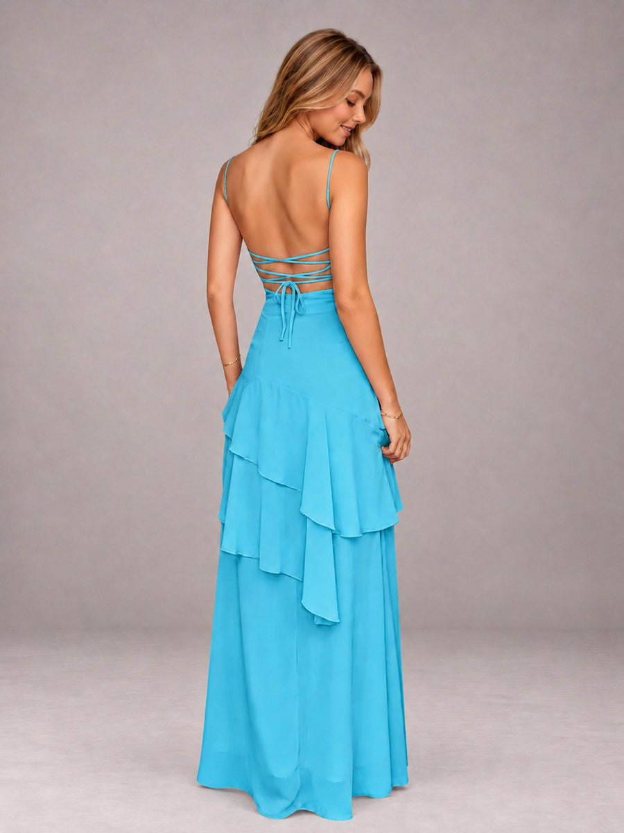 Pool A-Line Spaghetti Strap Chiffon Floor Length Bridesmaid Dress
