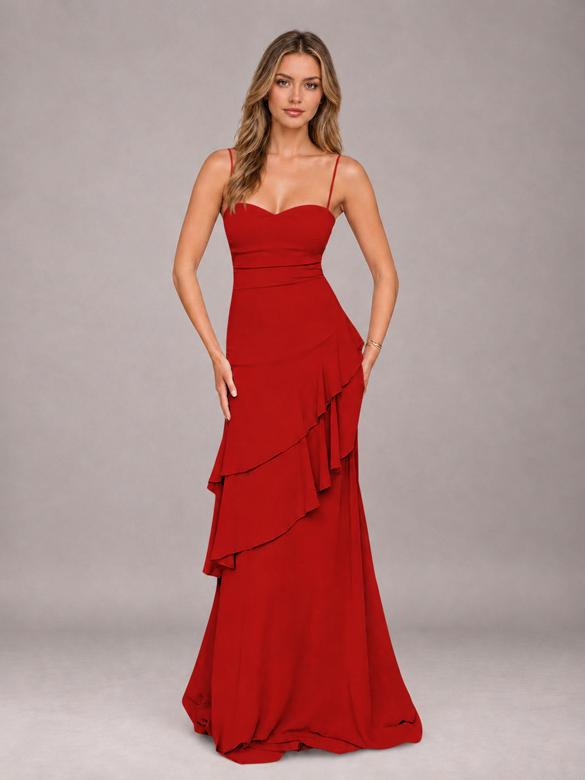 Red A-Line Spaghetti Strap Chiffon Floor Length Bridesmaid Dress