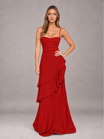 Red A-Line Spaghetti Strap Chiffon Floor Length Bridesmaid Dress