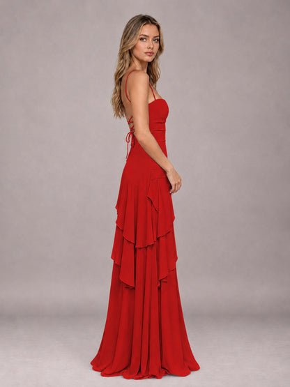 Red A-Line Spaghetti Strap Chiffon Floor Length Bridesmaid Dress