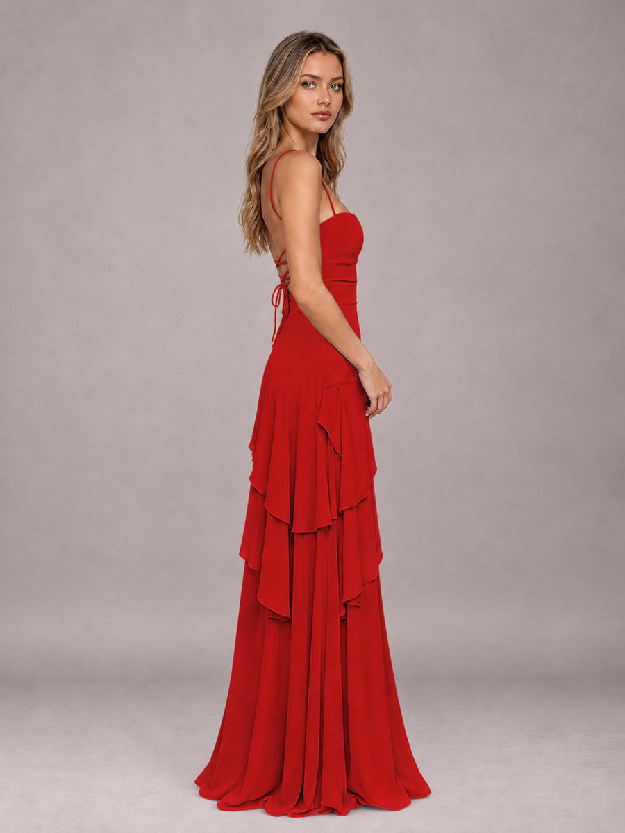 Red A-Line Spaghetti Strap Chiffon Floor Length Bridesmaid Dress