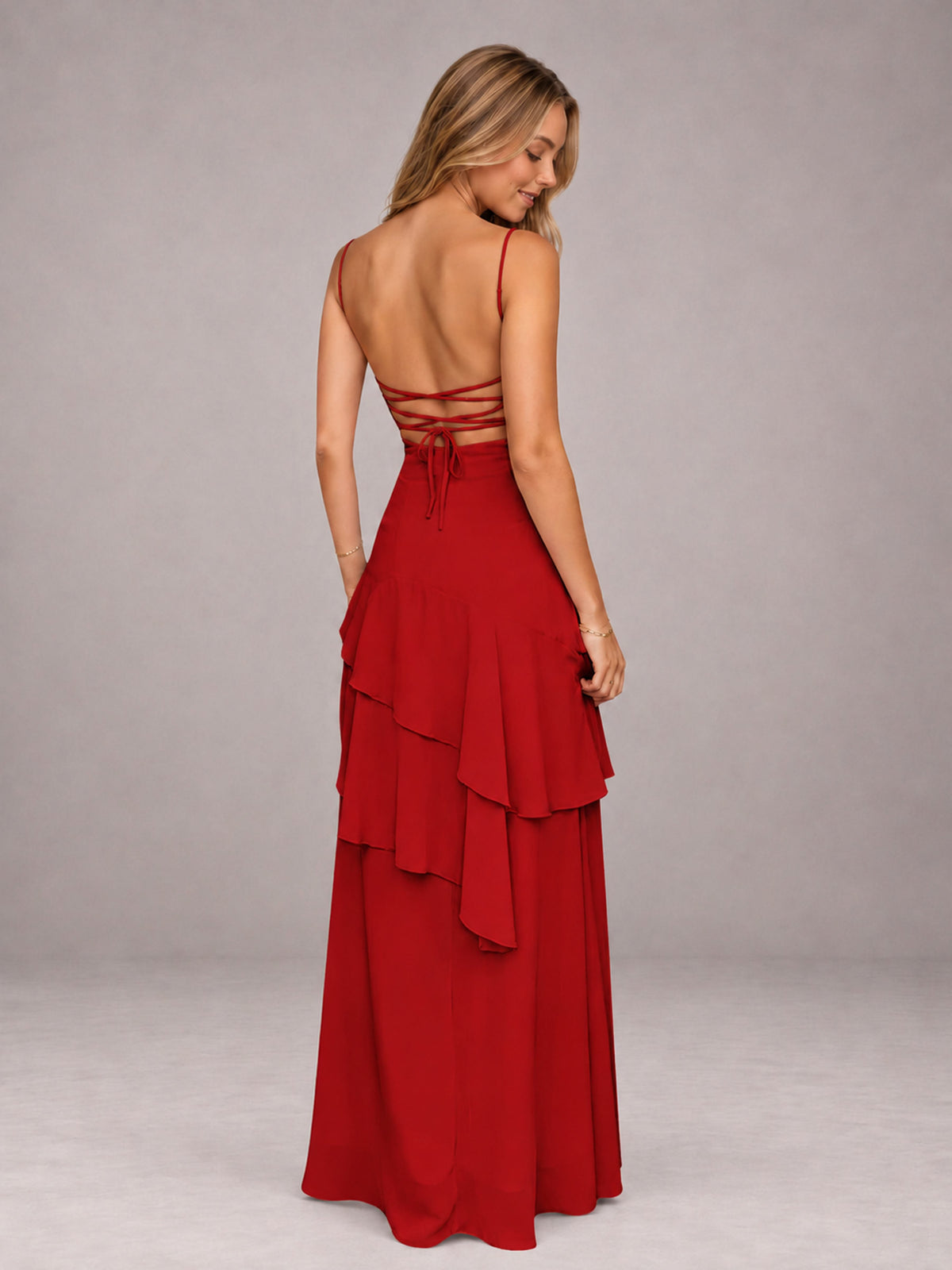 Red A-Line Spaghetti Strap Chiffon Floor Length Bridesmaid Dress