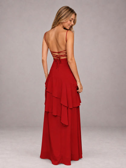 Red A-Line Spaghetti Strap Chiffon Floor Length Bridesmaid Dress