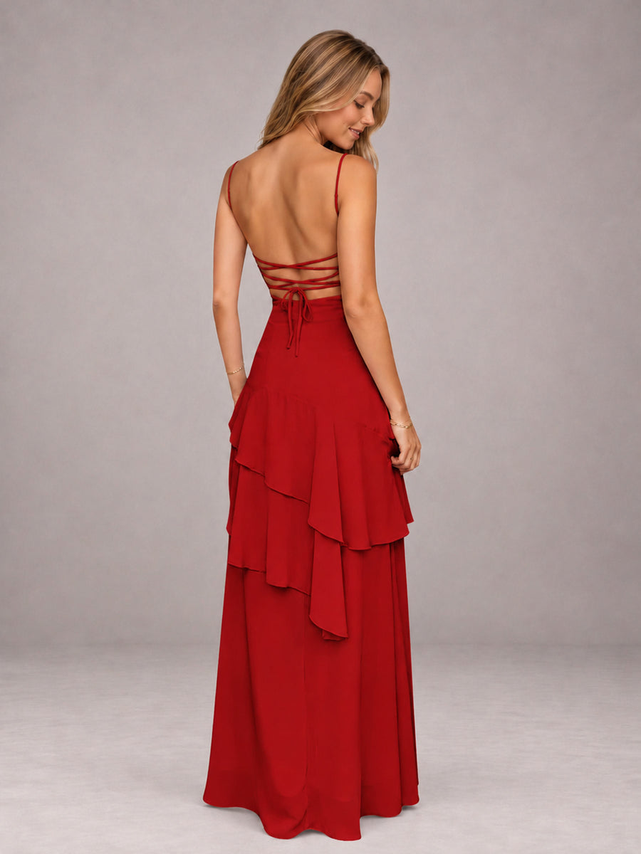 Red A-Line Spaghetti Strap Chiffon Floor Length Bridesmaid Dress