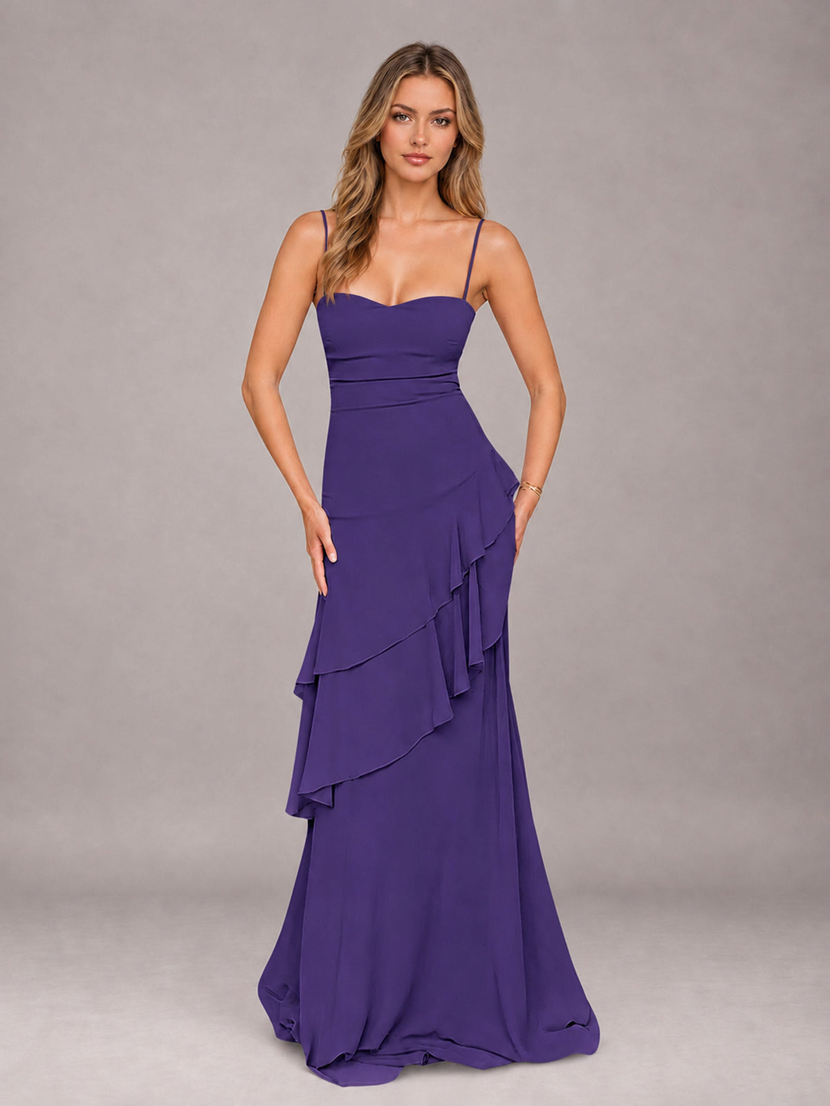 Regency A-Line Spaghetti Strap Chiffon Floor Length Bridesmaid Dress