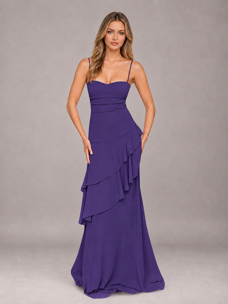 Regency A-Line Spaghetti Strap Chiffon Floor Length Bridesmaid Dress