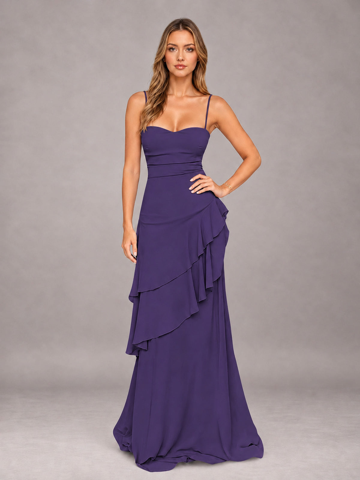 Regency A-Line Spaghetti Strap Chiffon Floor Length Bridesmaid Dress