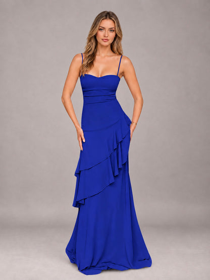 Royal Blue A-Line Spaghetti Strap Chiffon Floor Length Bridesmaid Dress