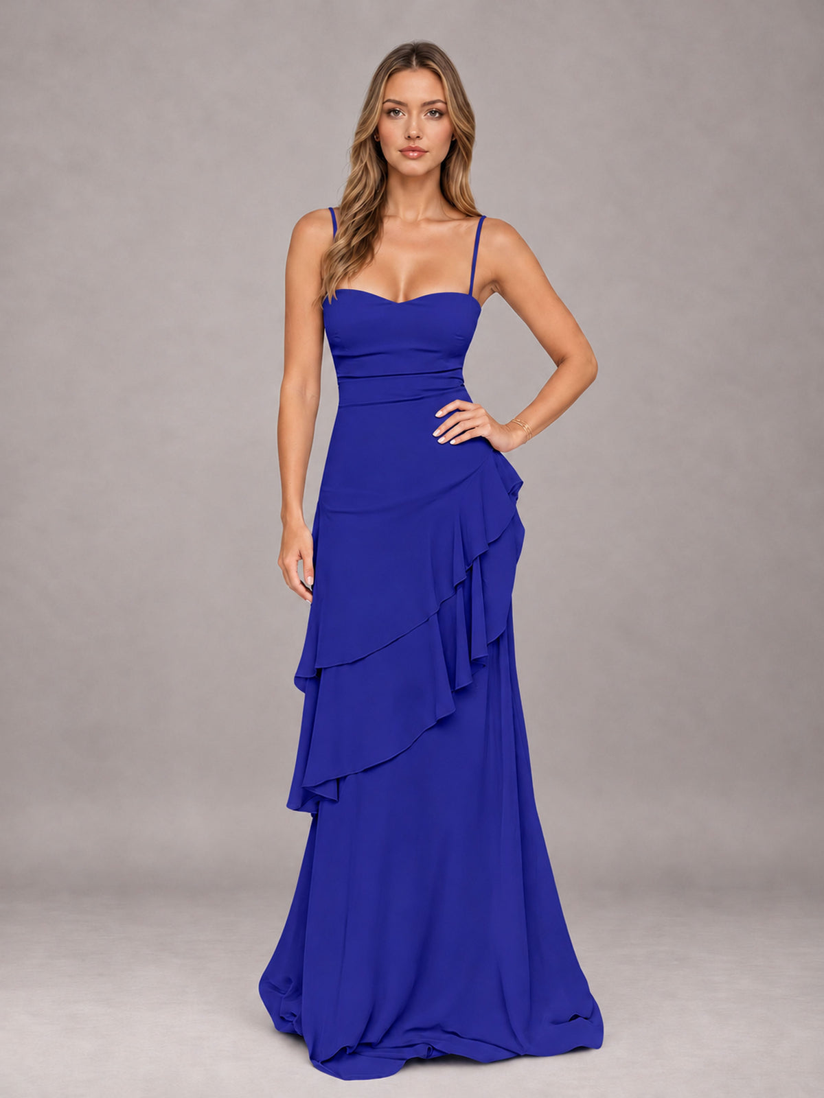 Royal Blue A-Line Spaghetti Strap Chiffon Floor Length Bridesmaid Dress