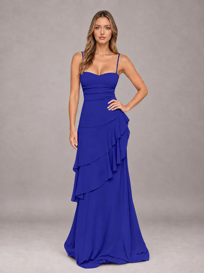 Royal Blue A-Line Spaghetti Strap Chiffon Floor Length Bridesmaid Dress