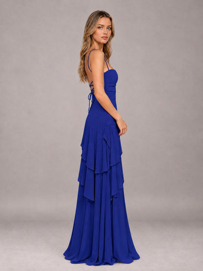 Royal Blue A-Line Spaghetti Strap Chiffon Floor Length Bridesmaid Dress
