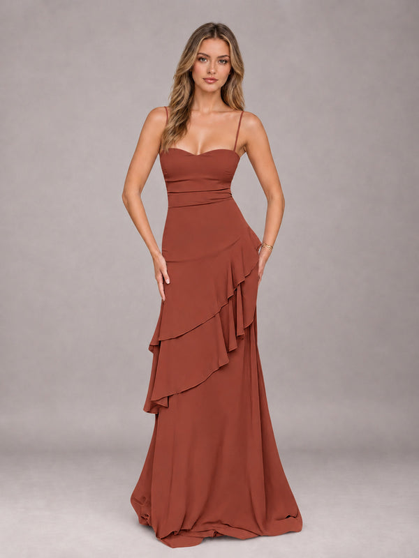 Rust A-Line Spaghetti Strap Chiffon Floor Length Bridesmaid Dress