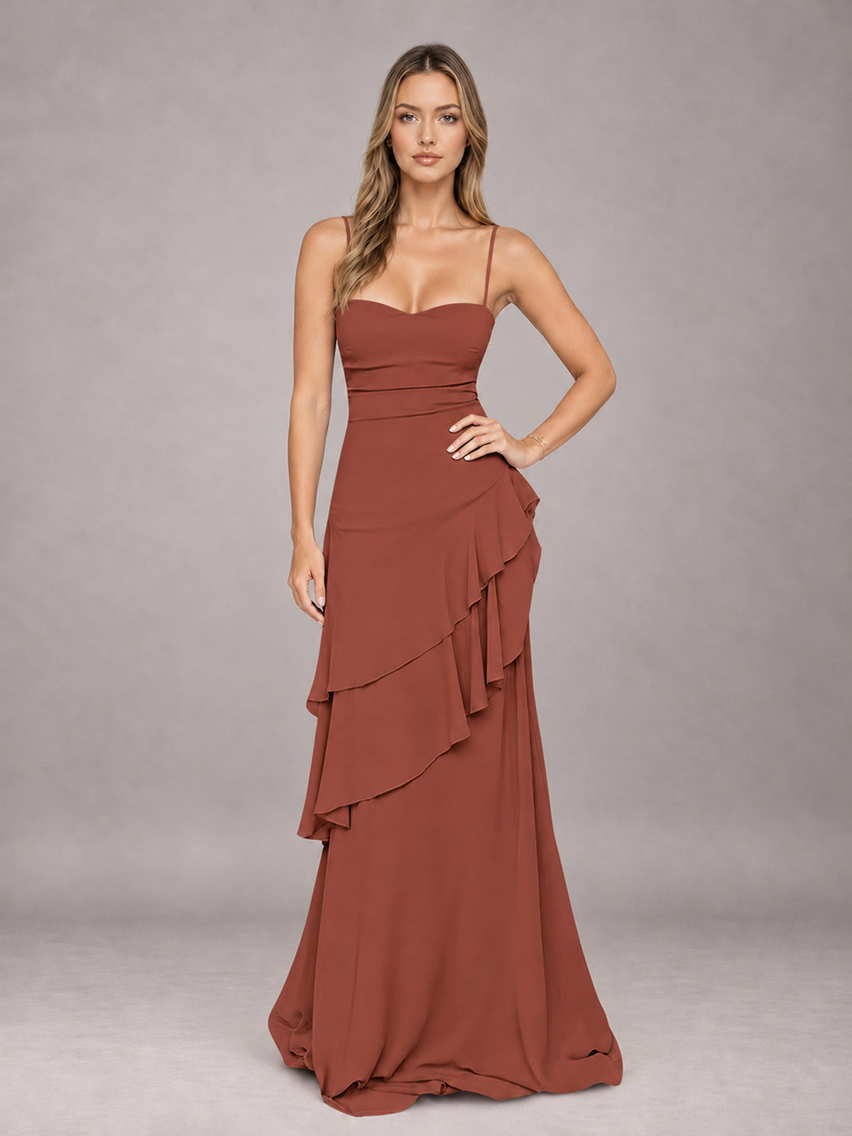 Rust A-Line Spaghetti Strap Chiffon Floor Length Bridesmaid Dress