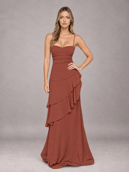 Rust A-Line Spaghetti Strap Chiffon Floor Length Bridesmaid Dress