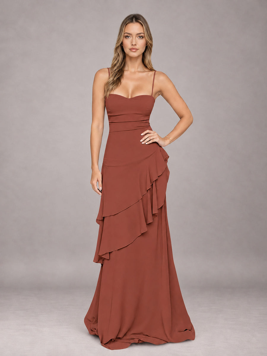 Rust A-Line Spaghetti Strap Chiffon Floor Length Bridesmaid Dress