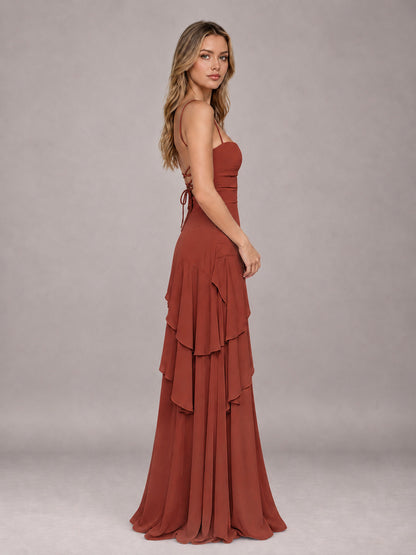 Rust A-Line Spaghetti Strap Chiffon Floor Length Bridesmaid Dress