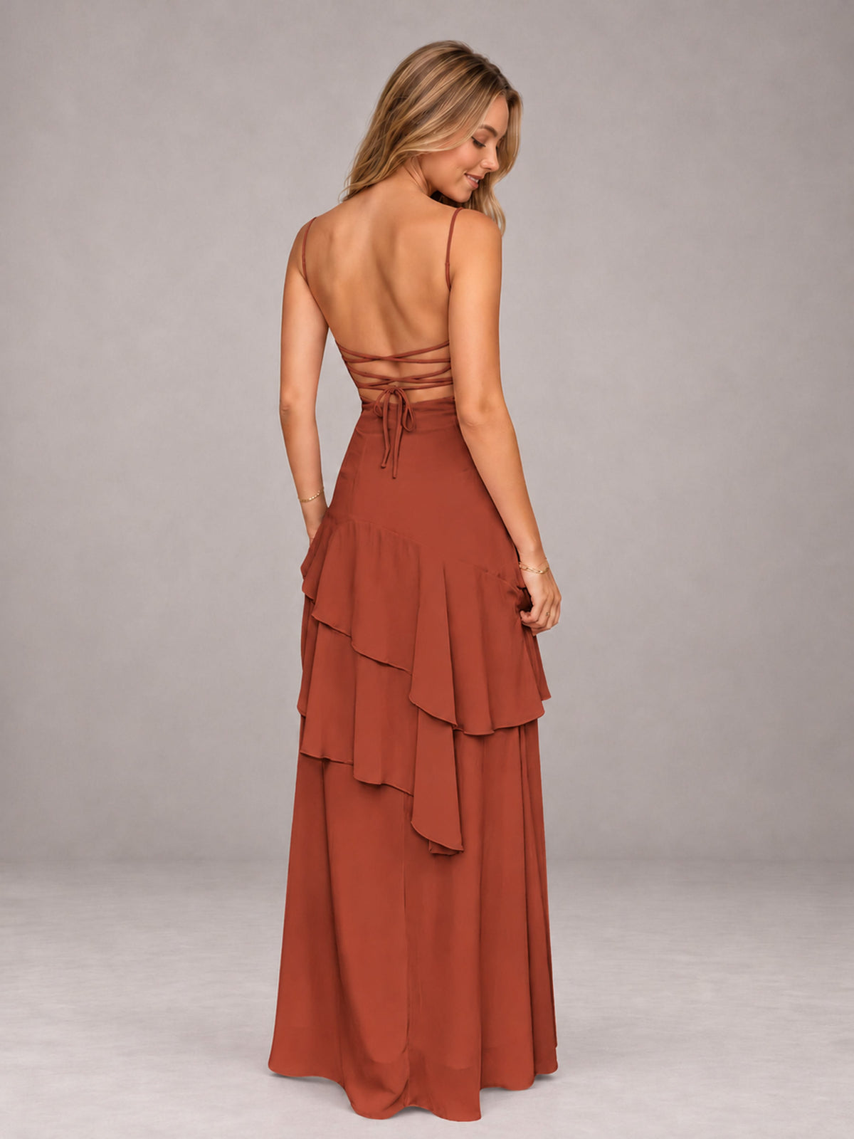 Rust A-Line Spaghetti Strap Chiffon Floor Length Bridesmaid Dress