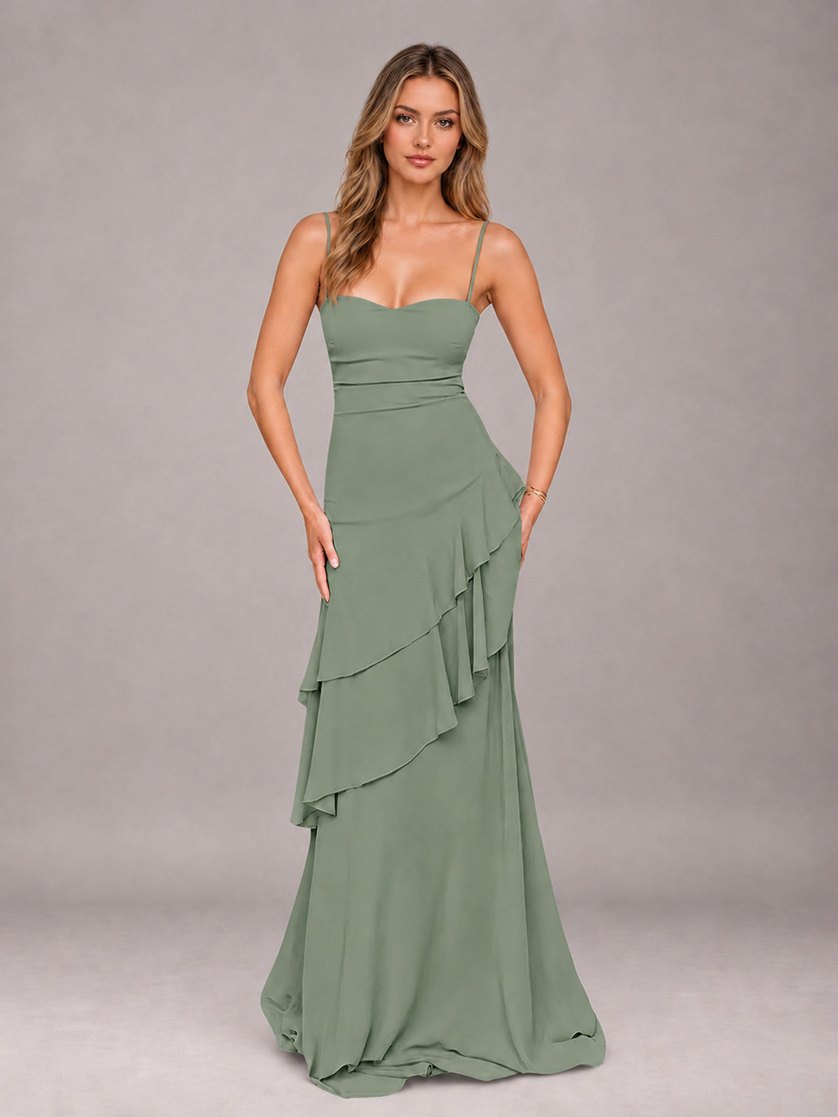 Sage Green A-Line Spaghetti Strap Chiffon Floor Length Bridesmaid Dress