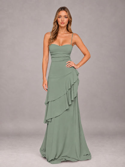 Sage Green A-Line Spaghetti Strap Chiffon Floor Length Bridesmaid Dress