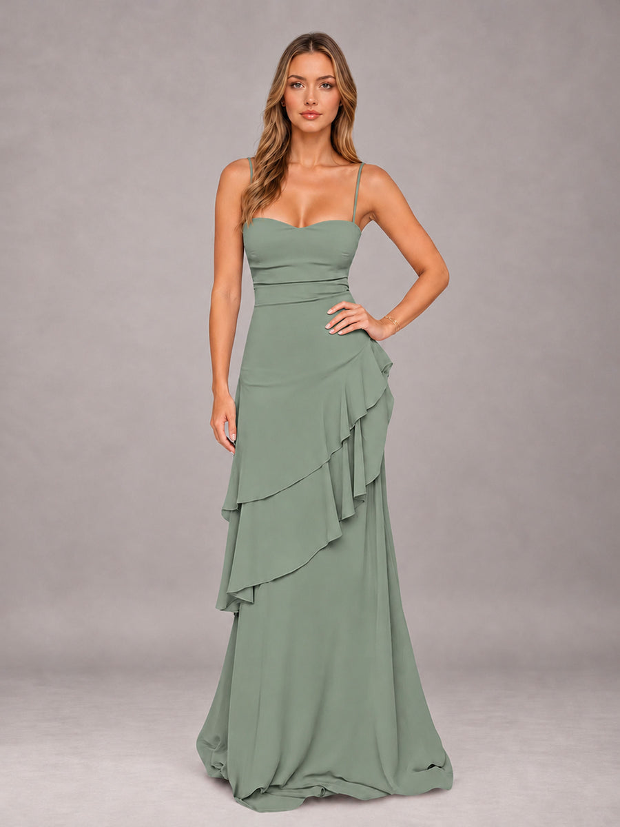 Sage Green A-Line Spaghetti Strap Chiffon Floor Length Bridesmaid Dress