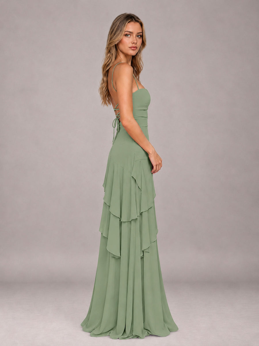 Sage Green A-Line Spaghetti Strap Chiffon Floor Length Bridesmaid Dress