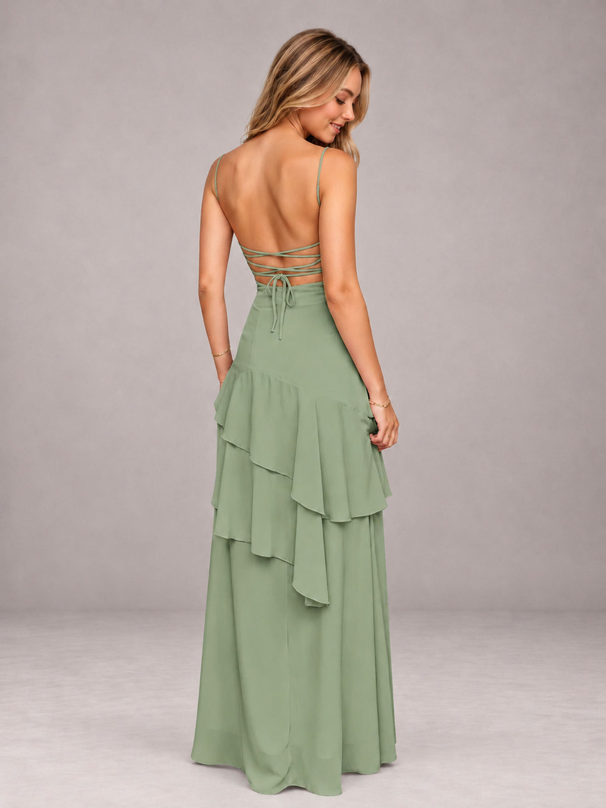 Sage Green A-Line Spaghetti Strap Chiffon Floor Length Bridesmaid Dress