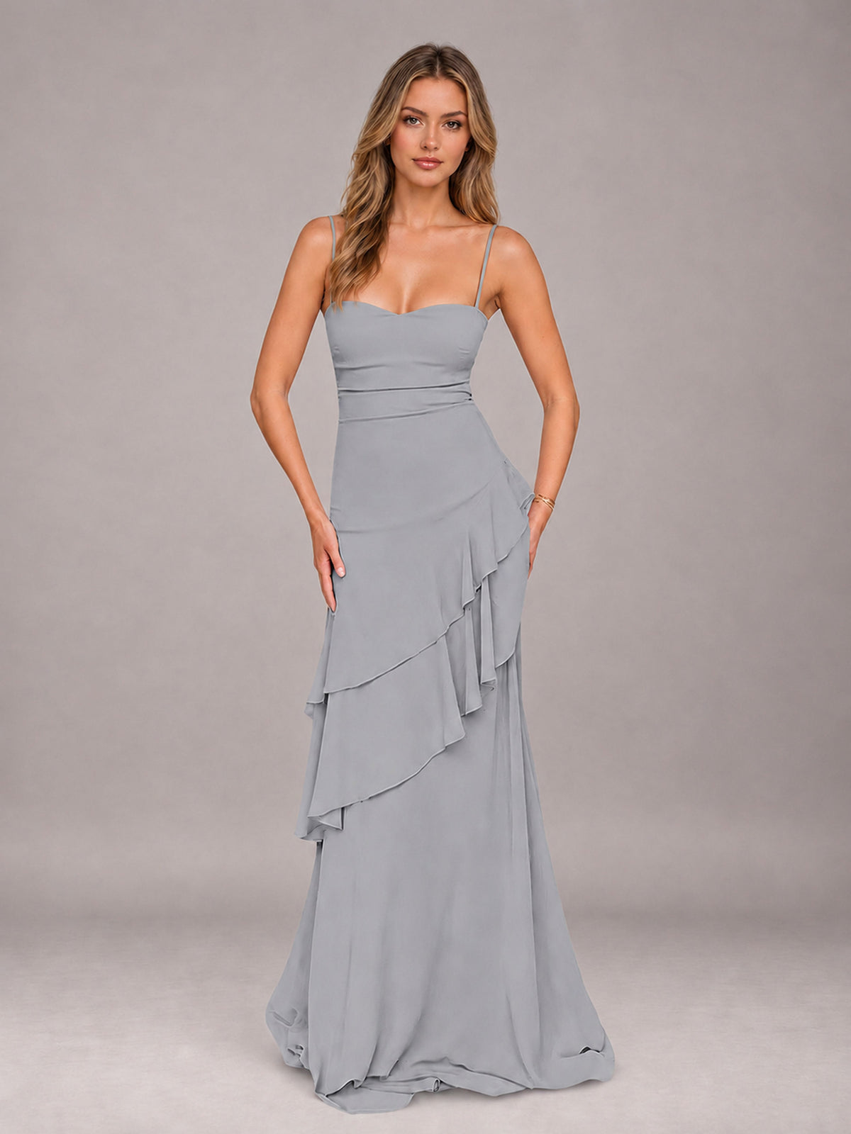 Silver A-Line Spaghetti Strap Chiffon Floor Length Bridesmaid Dress