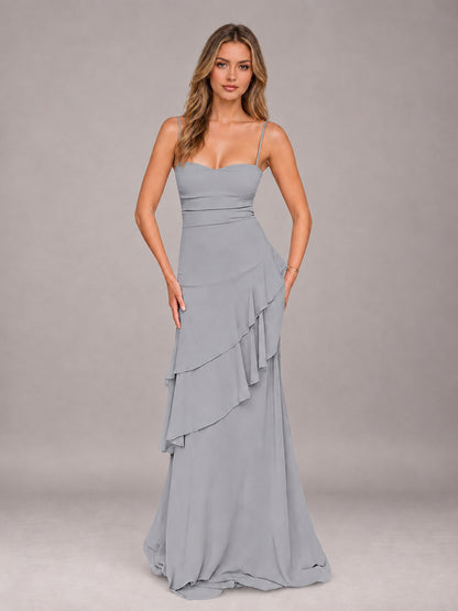 Silver A-Line Spaghetti Strap Chiffon Floor Length Bridesmaid Dress