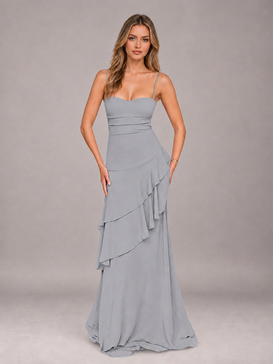 Silver A-Line Spaghetti Strap Chiffon Floor Length Bridesmaid Dress