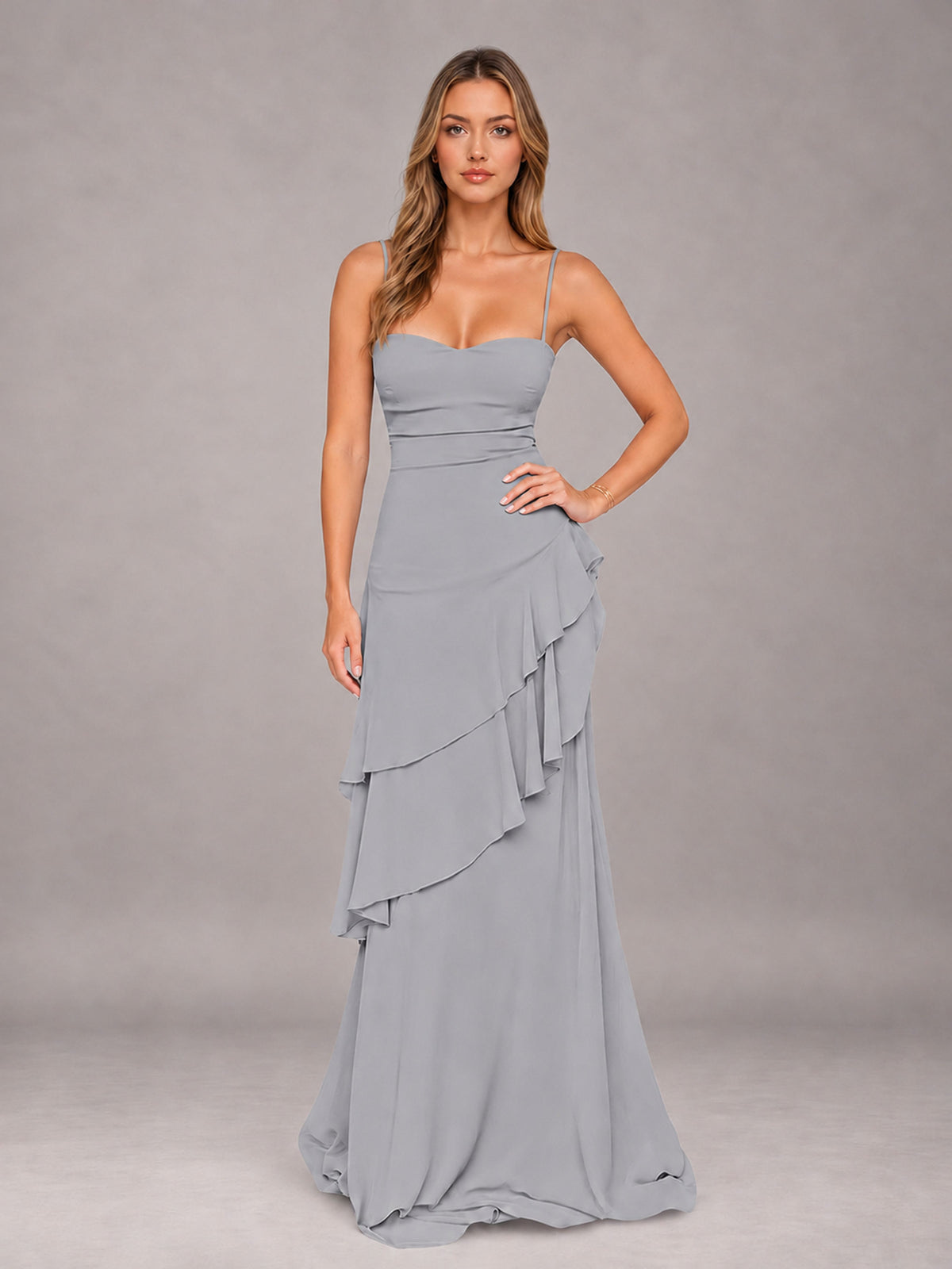 Silver A-Line Spaghetti Strap Chiffon Floor Length Bridesmaid Dress