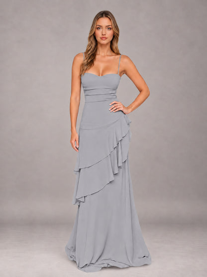 Silver A-Line Spaghetti Strap Chiffon Floor Length Bridesmaid Dress
