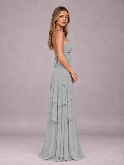 Silver A-Line Spaghetti Strap Chiffon Floor Length Bridesmaid Dress