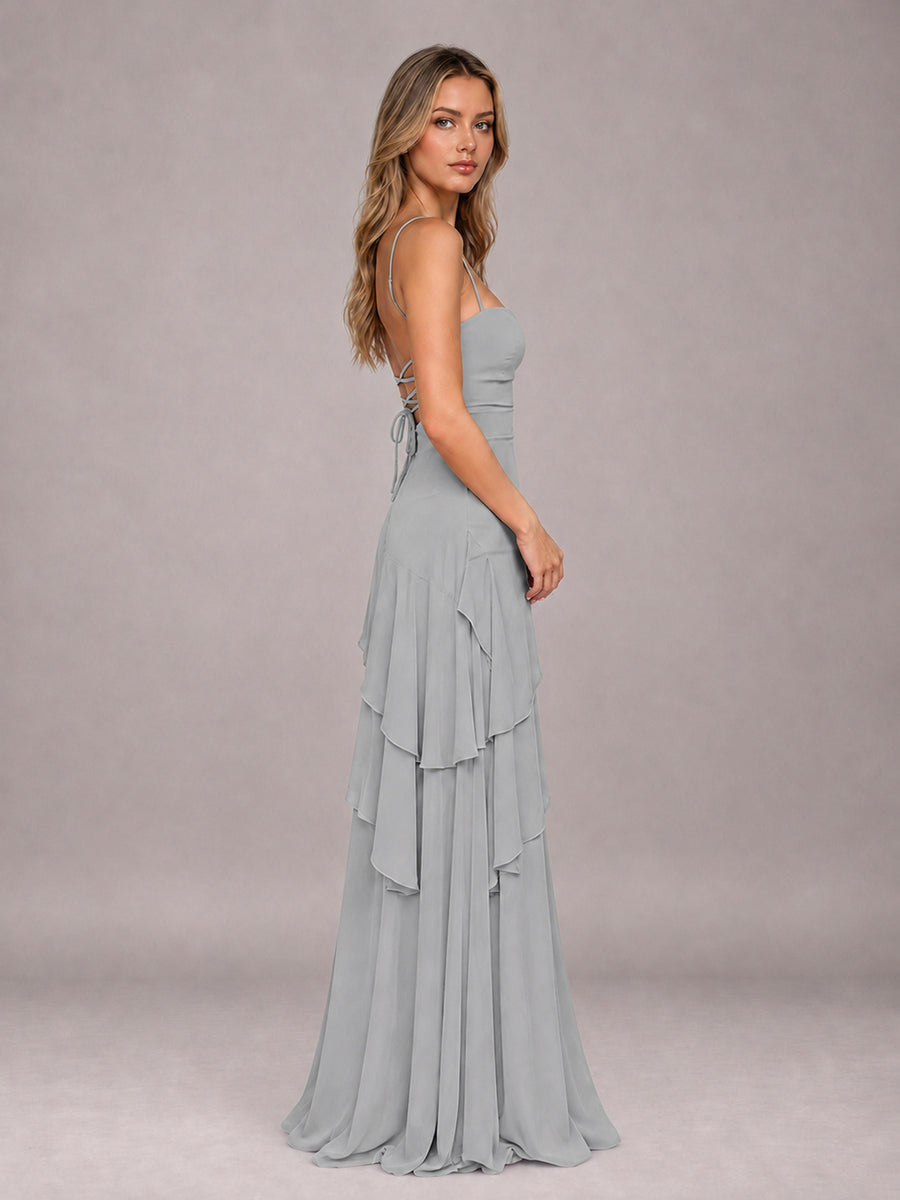 Silver A-Line Spaghetti Strap Chiffon Floor Length Bridesmaid Dress