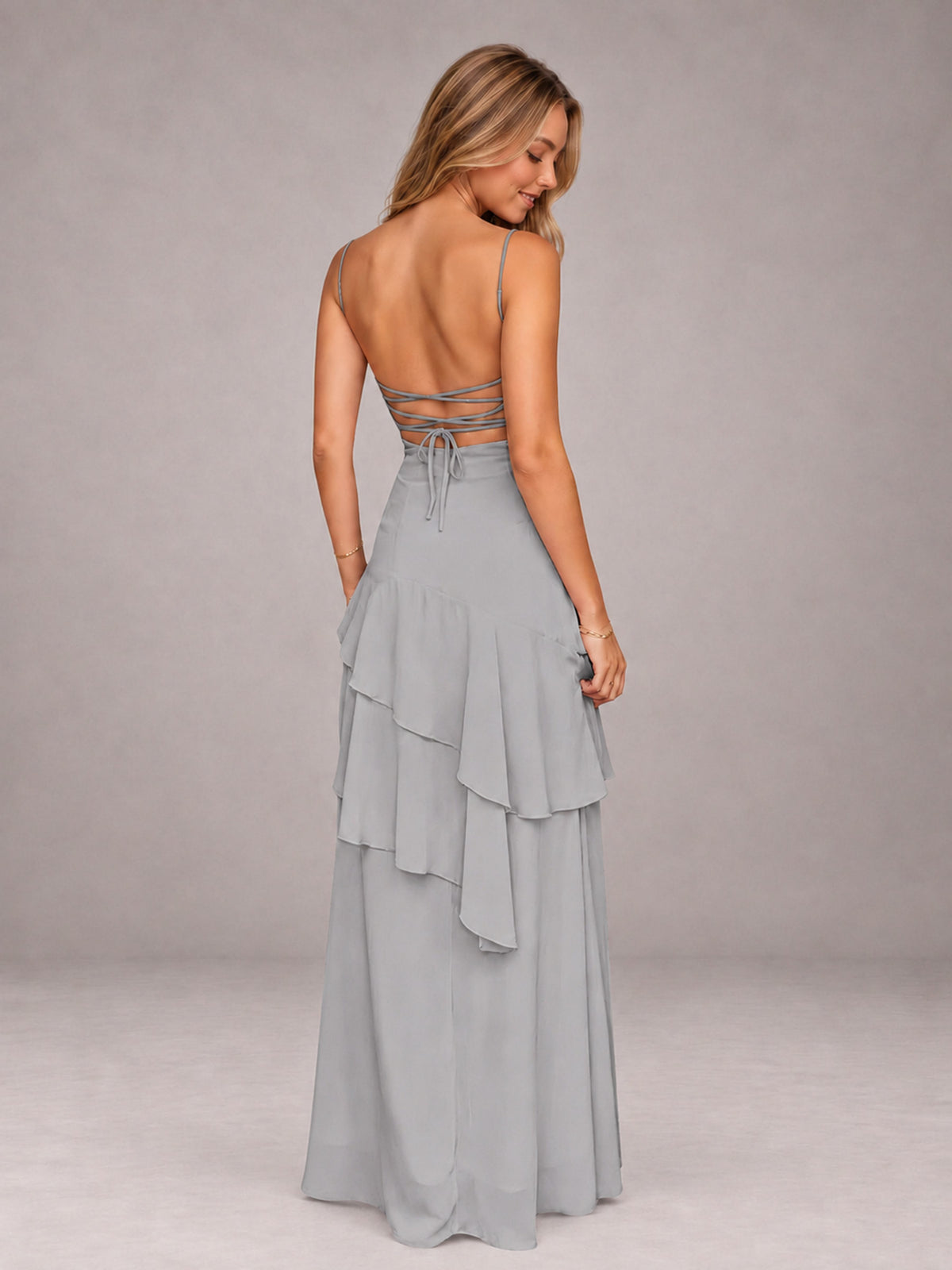 Silver A-Line Spaghetti Strap Chiffon Floor Length Bridesmaid Dress